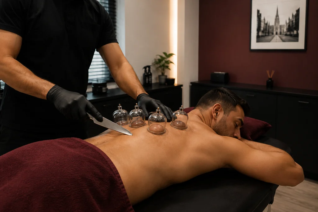 Cupping Services & Pricing Clinical dry cupping on a male back for muscle tension and recovery in St Albans