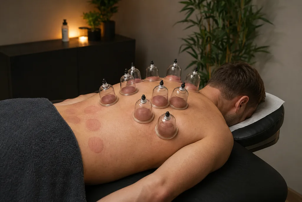 Dry cups positioned across the upper back