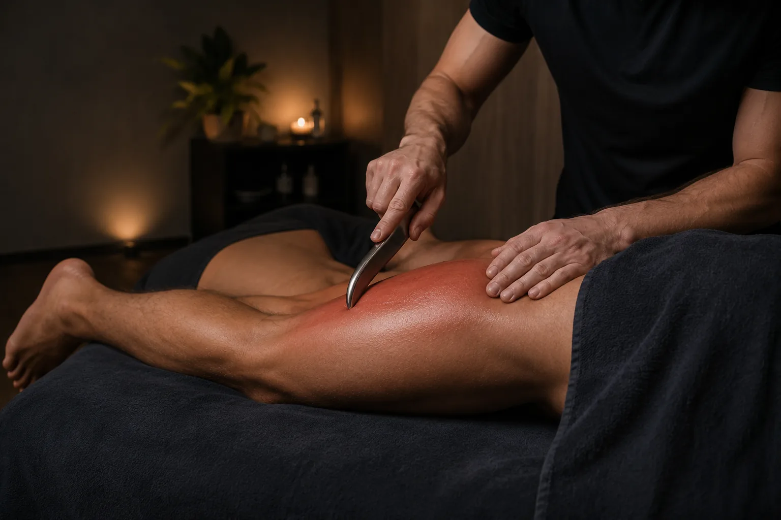 IASTM Muscle Scraping IASTM muscle scraping treatment on leg and calf area