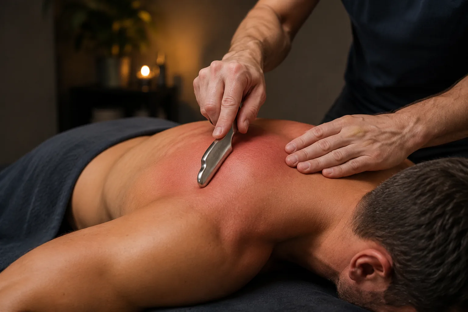 IASTM Muscle Scraping IASTM muscle scraping treatment on upper back and shoulder area