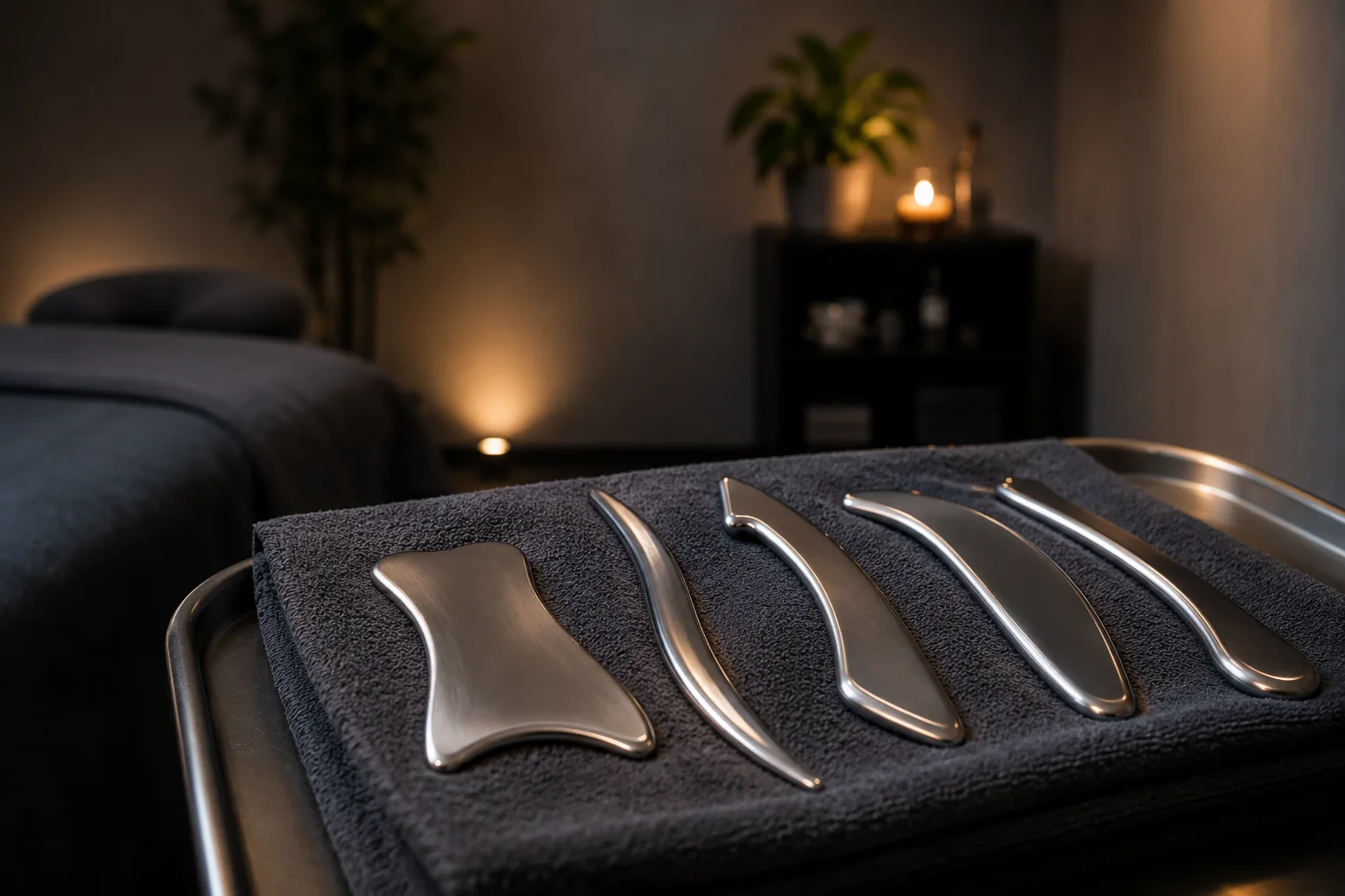 IASTM Muscle Scraping Professional stainless steel IASTM tools on a treatment towel